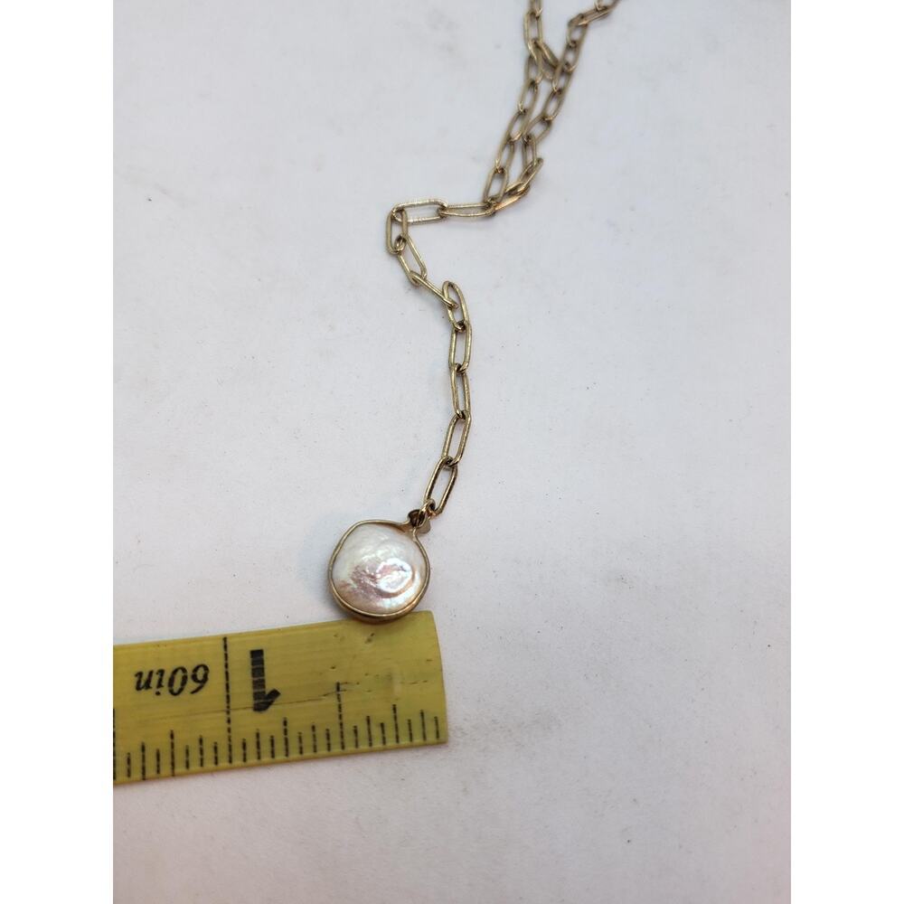 Gold Tone Paperclip Chain Y Drop Lariat Necklace White Real Coin Pearl Pendant - Picture 8 of 8